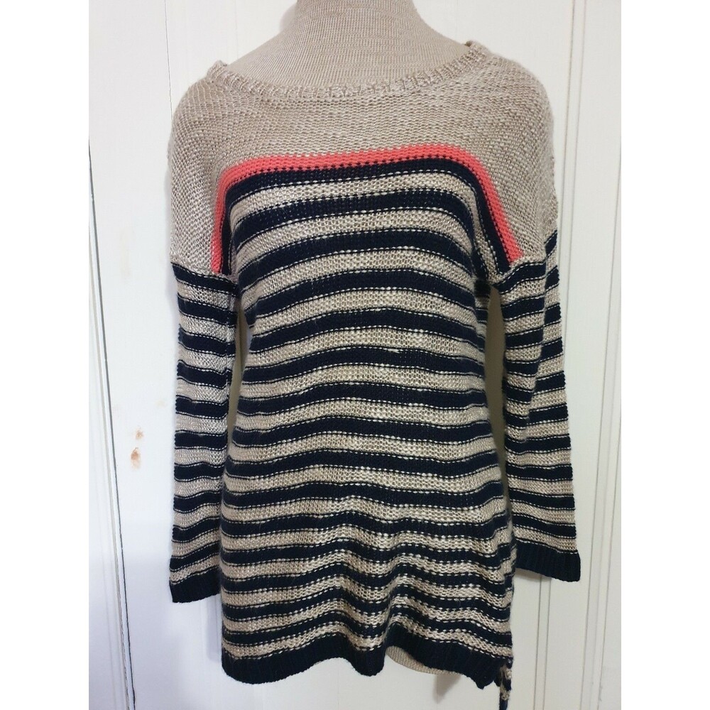 Pink Rose Womens Sz Medium Long Sleeve  Loose Weave Blue And Tan Striped Sweater